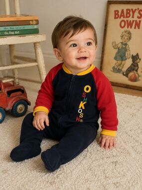 Vintage OshKosh B'gosh Navy, Red & Yellow Fleece Footed One-Piece
